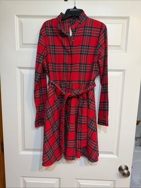 Kiel James Patrick Red Plaid Long-Sleeve Belted Dress